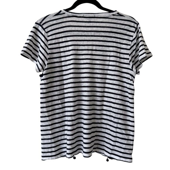 J. Crew 100% Linen Stripe Pom Pom Tassel Short Sleeve Tee Shirt - Medium - Picture 2 of 4